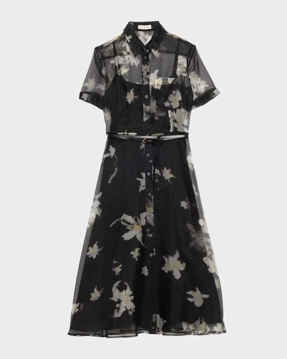 Kiera Floral Sheer Silk Midi Shirtdress